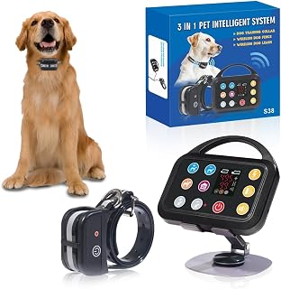 Plkm Dog Wireless Fence Indoor Electric Fence Outdoor Dog Training Collar Pet Intelligent 3 in 1 System, AI Technology Out-of-Range Reminder, Adjustable Range Shock Strength, Waterproof Rechargeable
