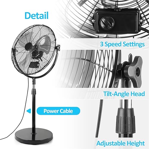 Miniatura 5 de BEESTAR Ventilador de pedestal de alta velocidad resistente de 20 pulgadas, ventilador de pie industrial con altura e inclinación ajustables, 3