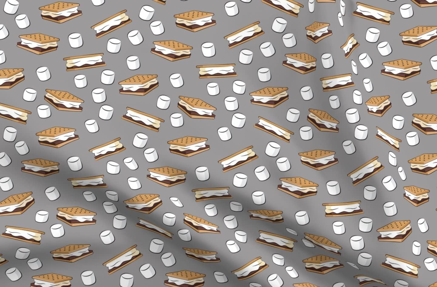 Spoonflower Fabric - Marshmallows Dark Grey Camping Treat Campfire Printed on Organic Cotton Sateen Fabric by The Yard - Sewing Quilting Apparel Home Decor