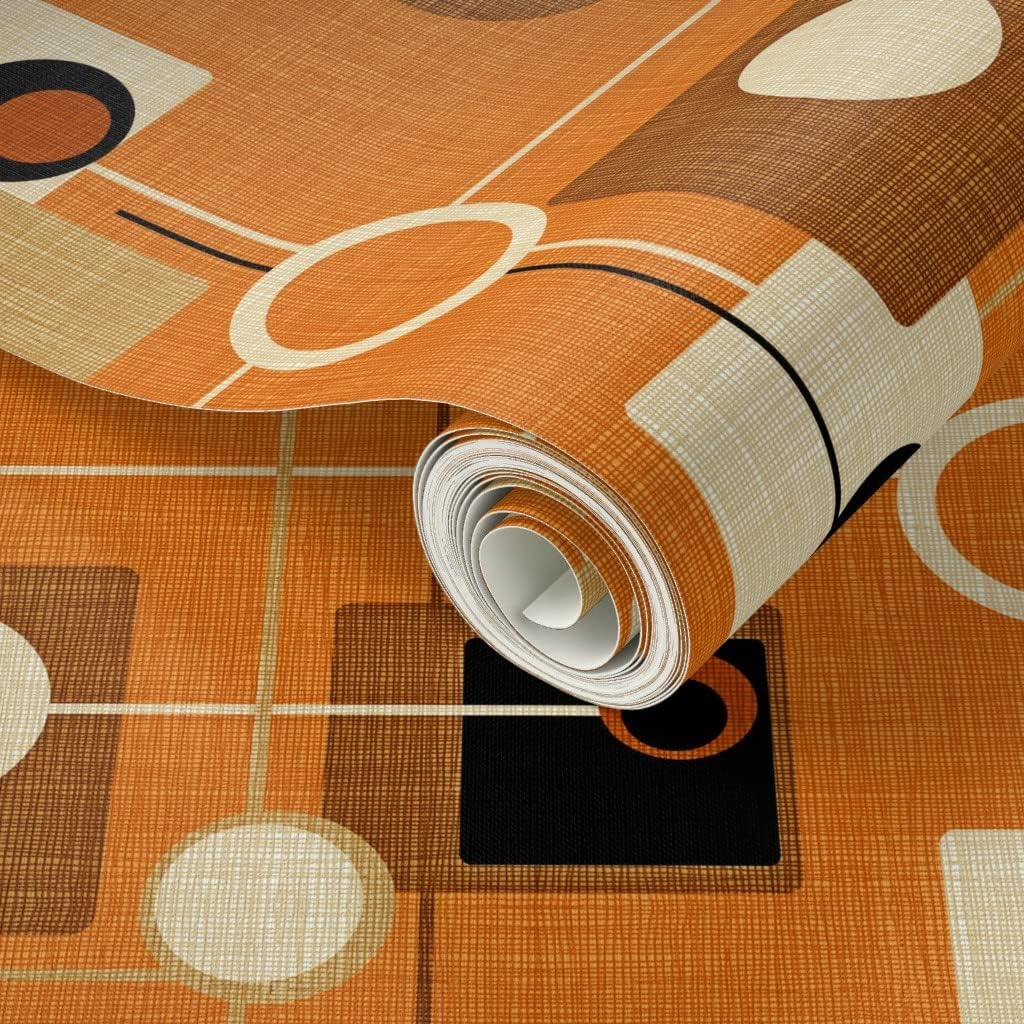 Spoonflower Peel & Stick Wallpaper Swatch - Orbs Squares Orange Atomic Vintage Pattern Fifties Brown Mid Century Modern Rustic Retro Decor Custom Removable Wallpaper