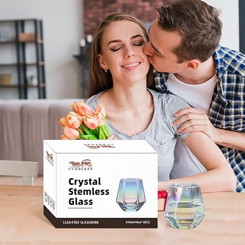 Miniatura 18 de CUKBLESS Juego de 4 copas de vino sin tallo (10 onzas), cristalería iridiscente, moderna copa de vino arcoíris para servir vino blanco, vino tinto