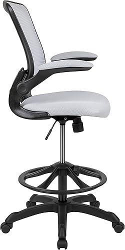 Miniatura 9 de Flash Furniture Kale Silla de dibujo ergonómica de malla blanca con respaldo medio  Anillo de pie ajustable, brazos abatibles