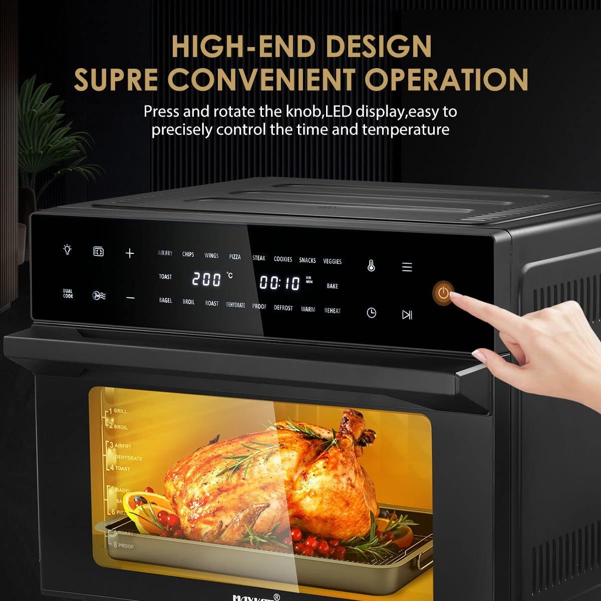 Close-up of the Maxkon Air Fryer Oven's touch screen control panel with various preset icons and temperature/time display