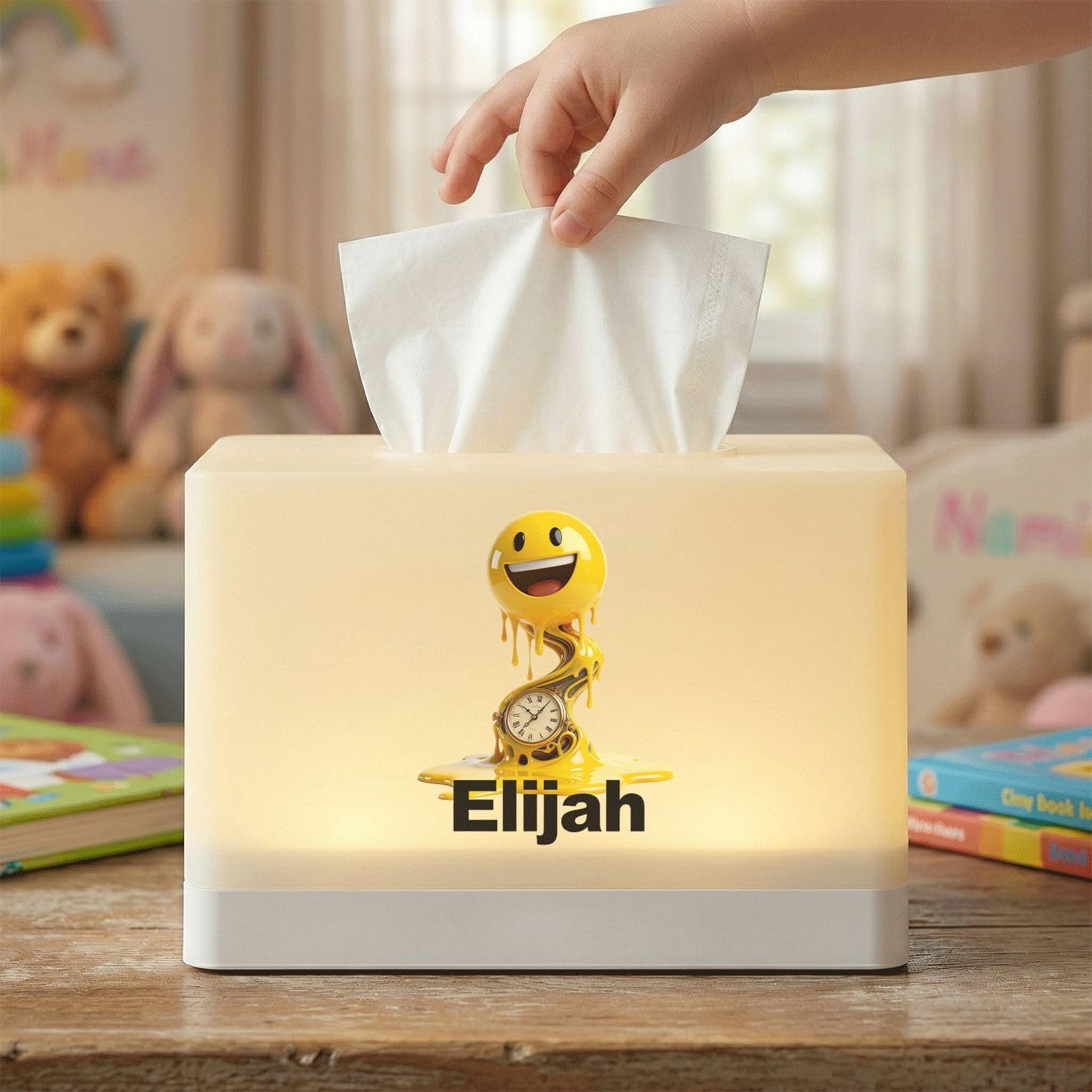 Personalized Tissue Box Cover with LED Night Light, Rechargeable Lamp with Custom Name and Melting Emoji Graphic for Bedroom Nightstand Decor image 5