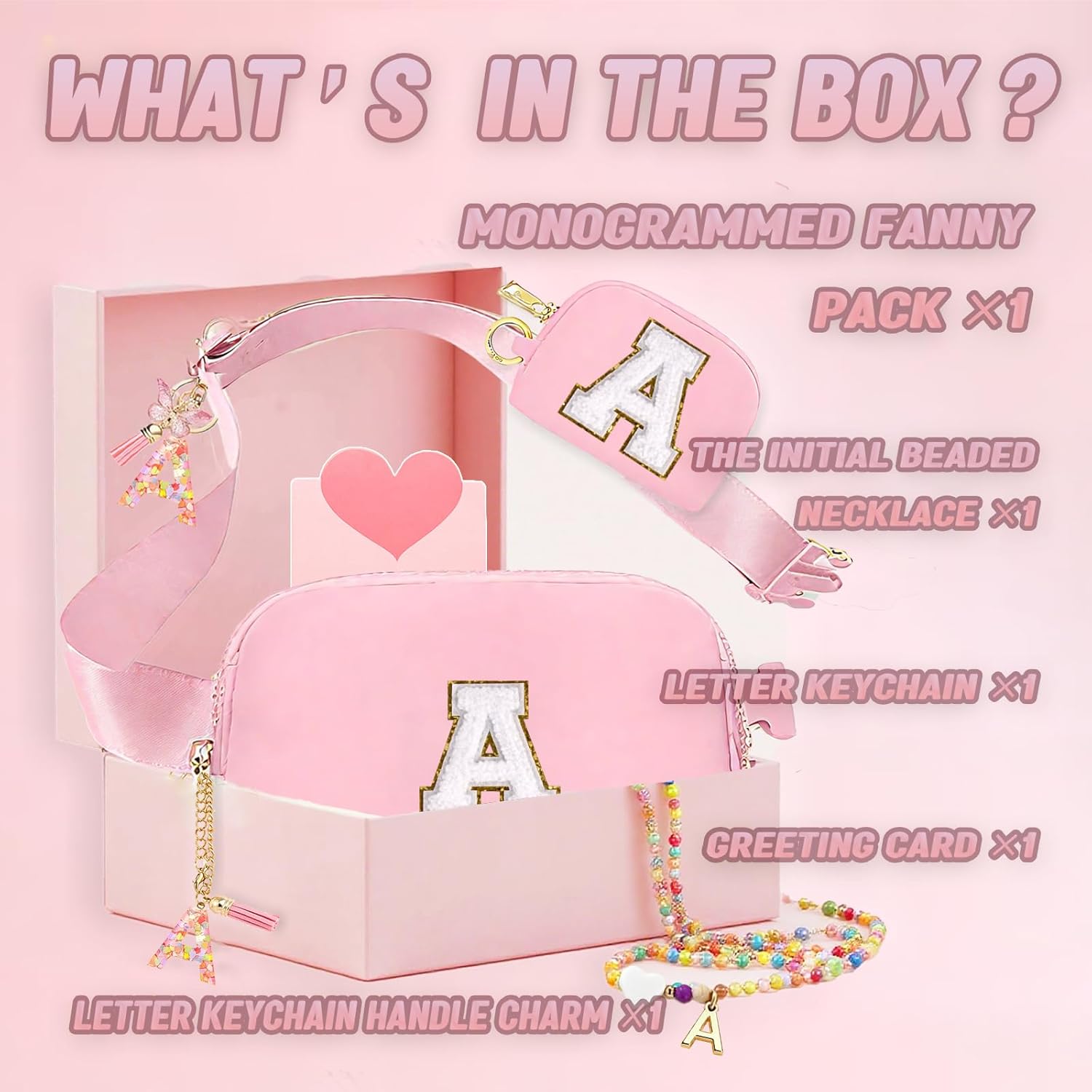 6 Pcs Teen Girl Gifts Trendy Stuff, Monogrammed Fanny Pack for Girl with Keychain, Necklace, Cup Charm, Greeting Card and Gift Box, Birthday Gifts for 4 5 6 7 8 9 10 11 12 13 Year Old Girls (A, Pink) - Image 2