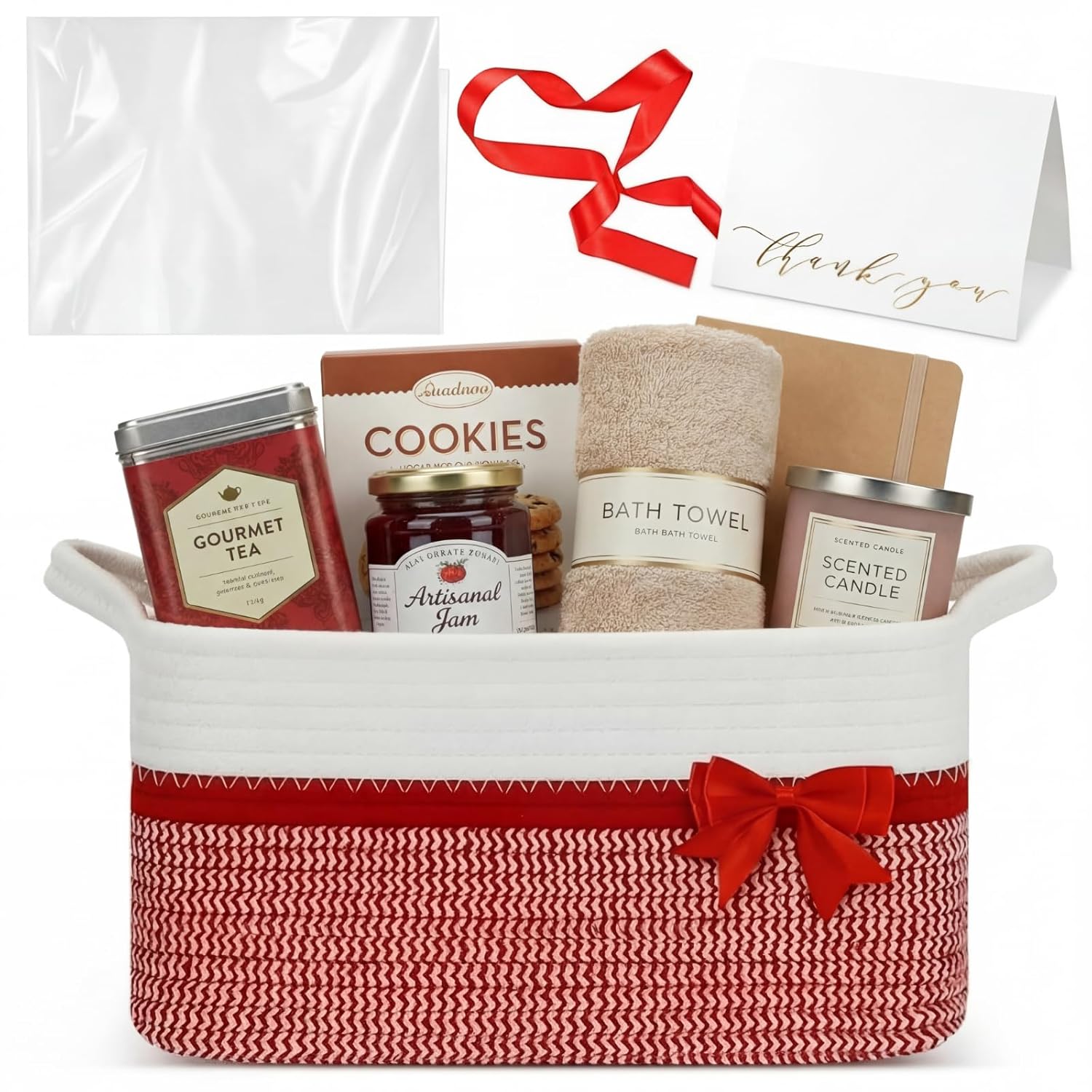 Colingmill Mother's Day Empty Gift Basket with Paper Filler, Bag, Ribbon, Card, 14"x10"x6", Empty Woven Basket, Gift Box for Women Men Birthday New Born Wedding(Red)