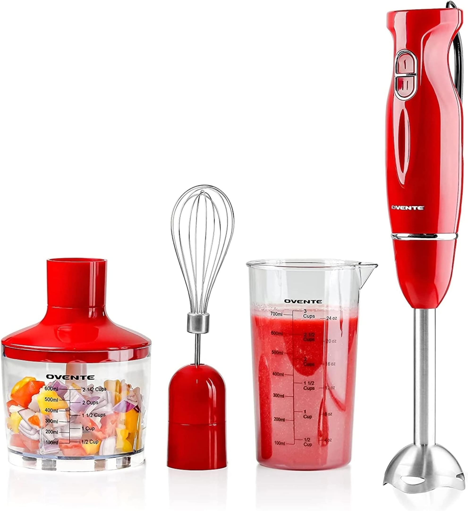 OVENTE HS565R Multi-Purpose Hand Immersion Blender (Set-Red), Whisk+Beaker+Chopper
