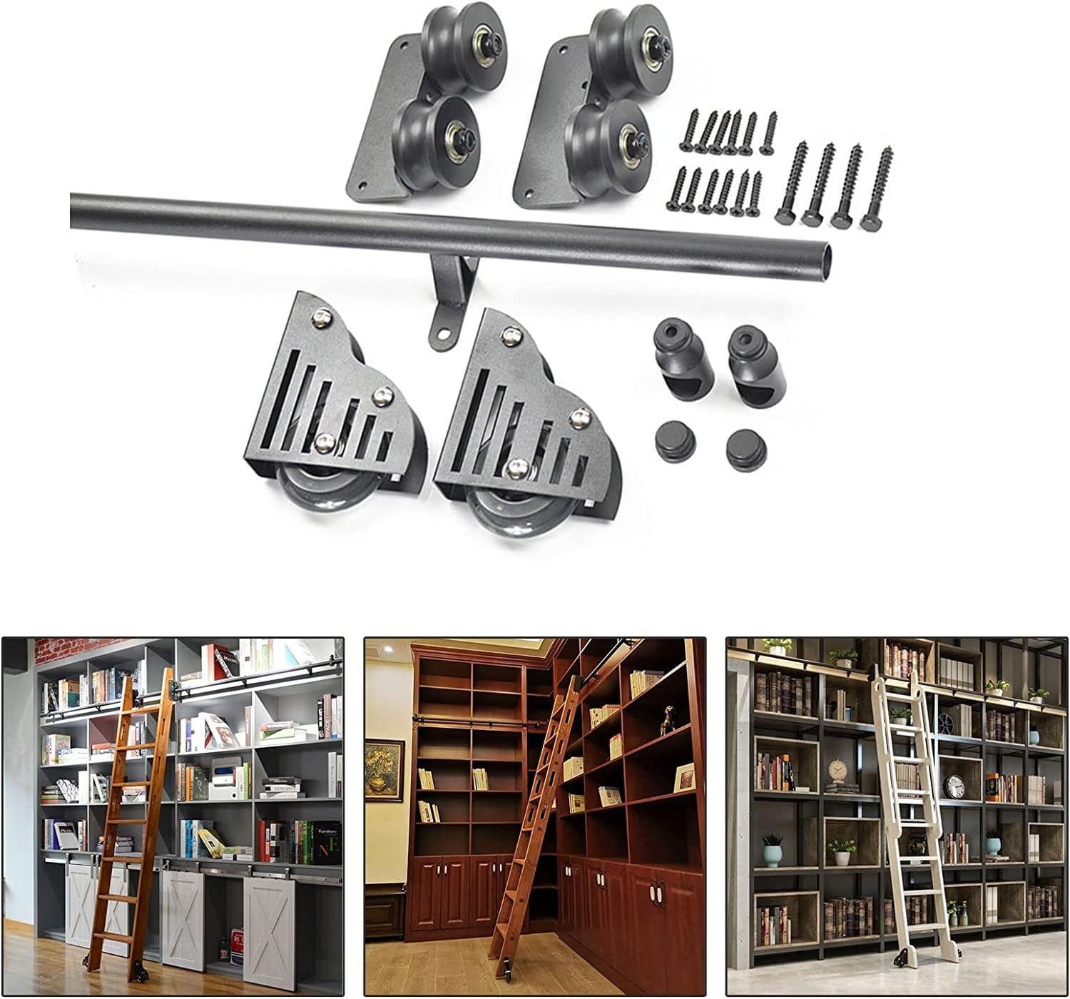 Rolling Ladder Hardware Library Sliding Ladder Hardware Kit 3.3ft-20ft(No Ladder), Round Tube Mobile Ladder Track,with Floor Roller Wheels + Extension Rail (Size : 6.6ft/200cm Trac