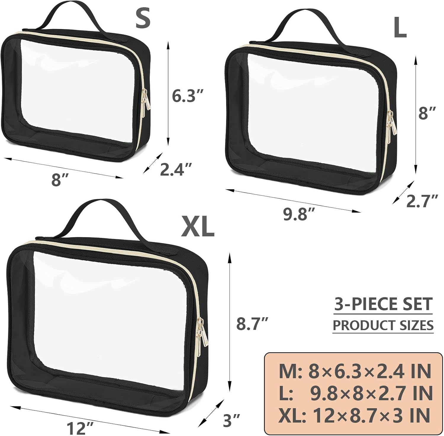 Clear Travel Bags for Toiletries 3Pcs,Clear-Makeup Bag Toiletry bags Quart Size Travel-Bag, Black