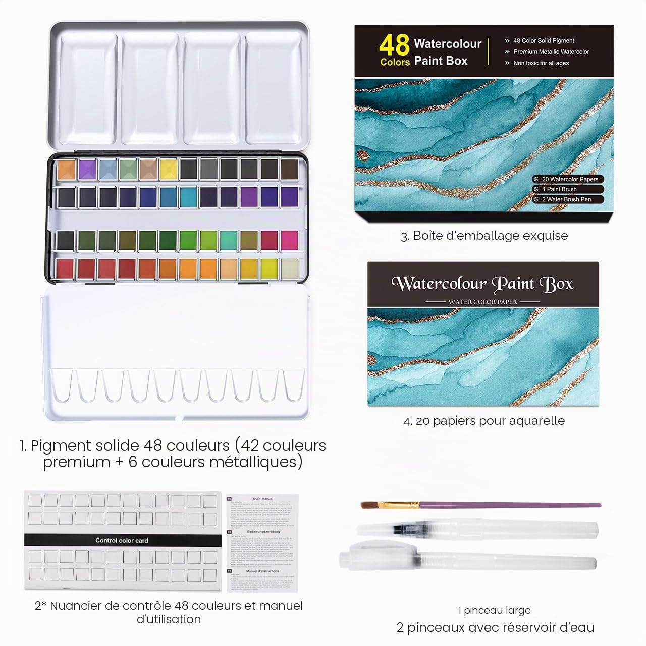 RATEL Ensemble de Peinture à l'Eau Aquarelle 48 Couleurs avec Pinceaux et Papier