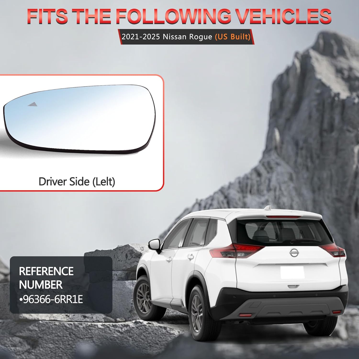 Left Side Mirror Glass w/Heated|Blind Spot Detection Compatible for 2021-2025 US Built Nissan Rogue Driver Mirror Glass Replacement 96366-6RR1E