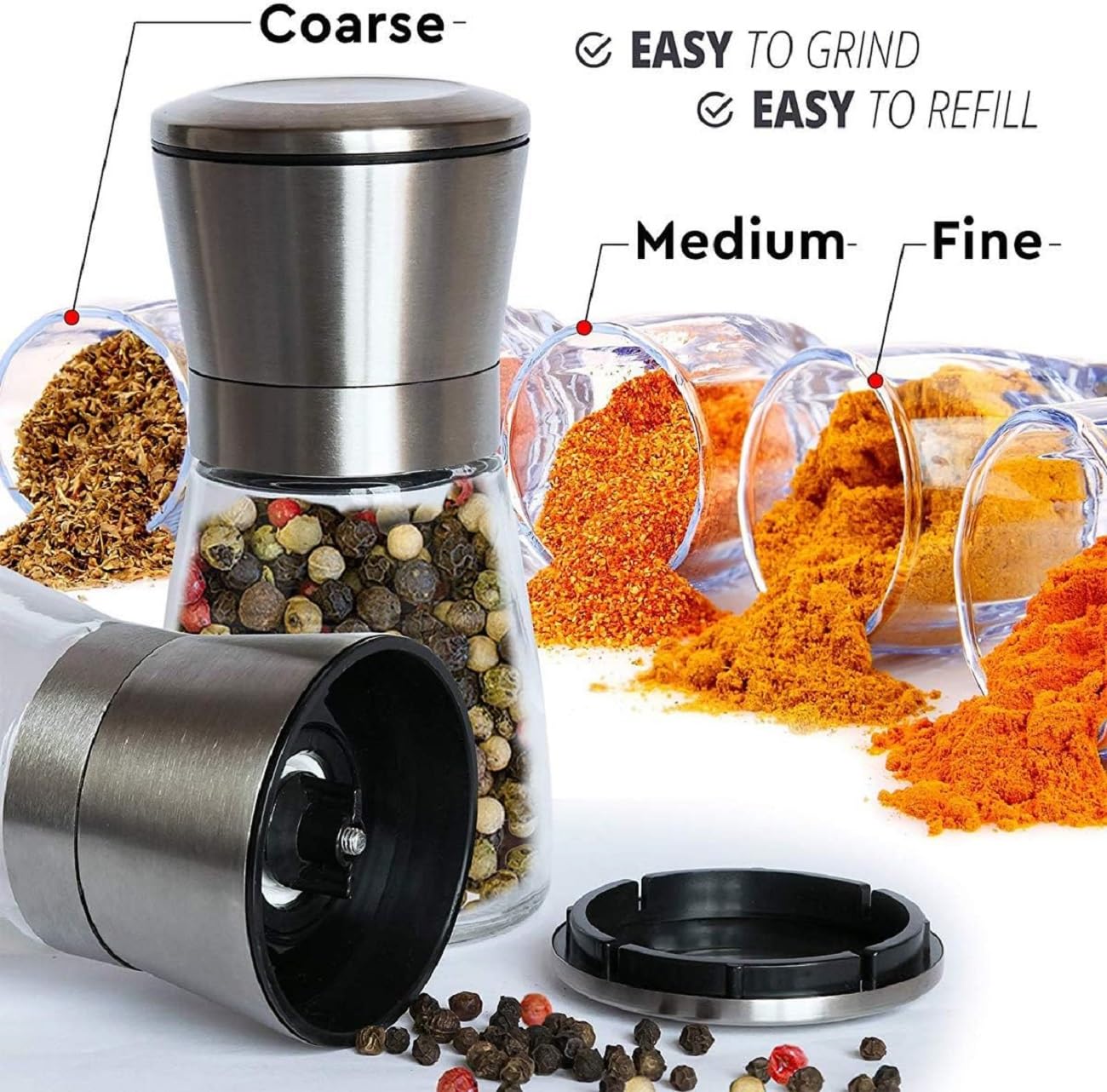 Stainless Steel Salt & Pepper Grinder Set - Adjustable Coarseness -6 Stainless Steel Salt & Pepper Grinder Set - Adjustable Coarseness -6
