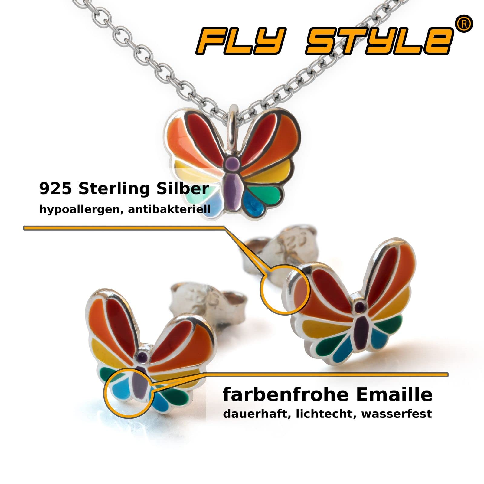 Fly Style Schmetterling Regenbogen Anhänger für Kinder/Mädchen/Damen mit Kette Silber/Kinderschmuck Mädchen