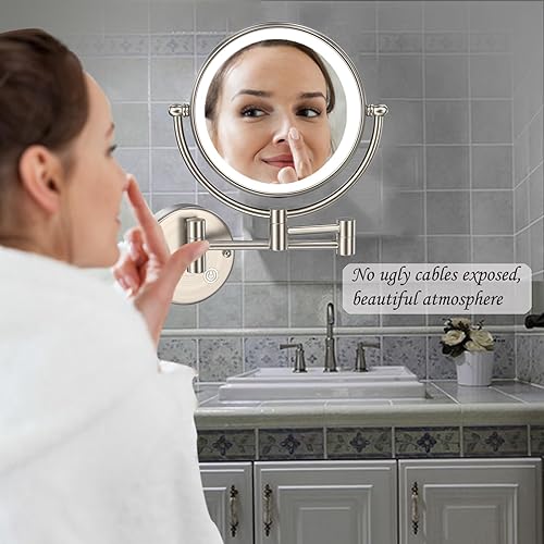 Miniatura 2 de Espejo de maquillaje iluminado de latón con aumento, espejo de aumento de pared 5X con luz, espejo extensible para baño, sensor táctil, níquel