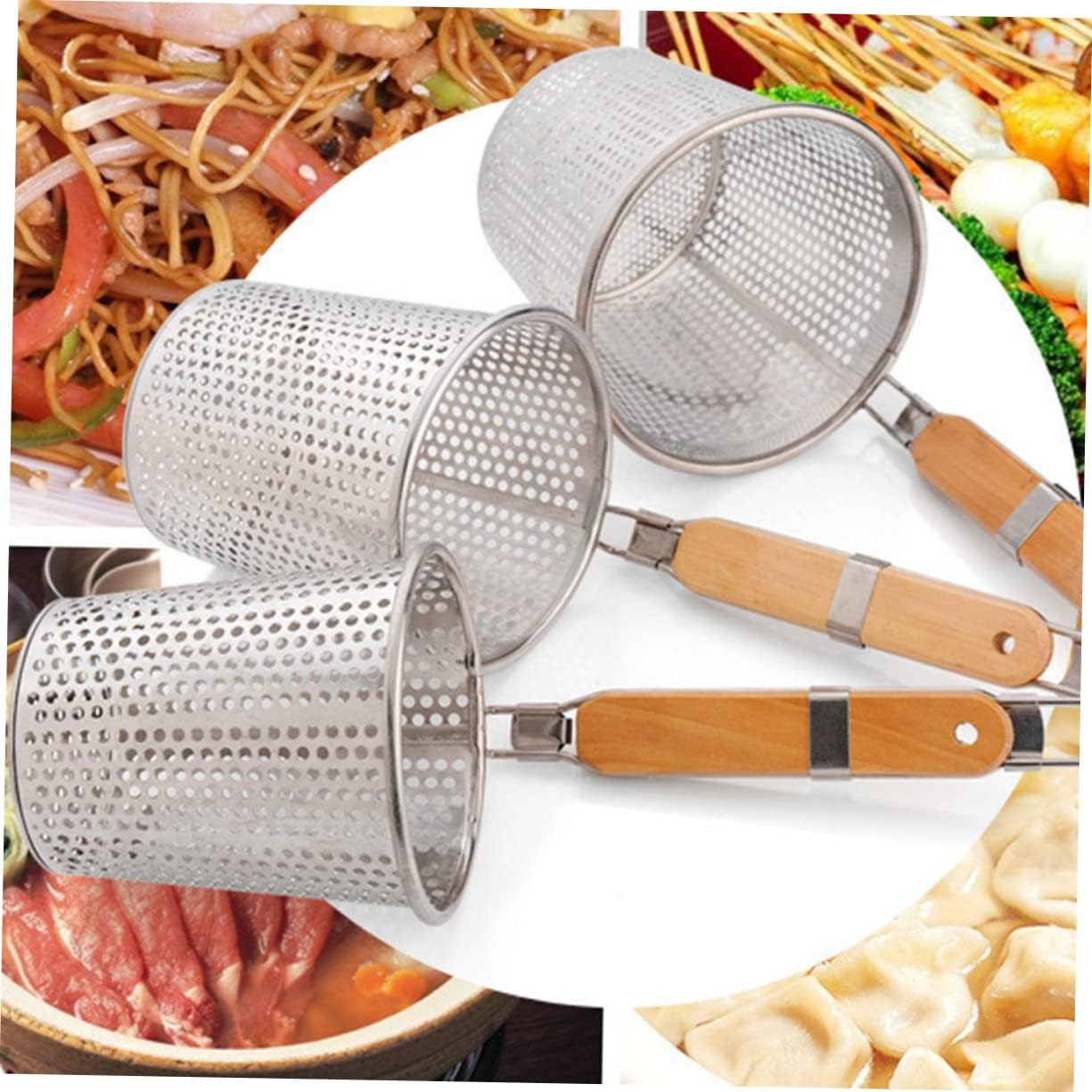 Stainless Steel Pasta Basket with Wooden Handle, Deep Basket Strainer
