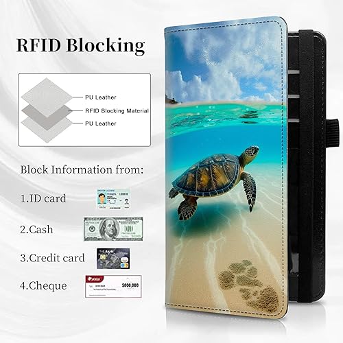 Vista 80 de Funda para chequera personal con diseño de tortuga marina verde, funda de piel sintética para hombres y mujeres, con ranuras para tarjetas, soporte