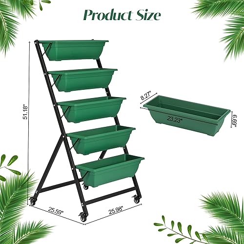 Miniatura 2 de BIGTREE Jardinera vertical elevada con ruedas, maceta de jardín de 5 niveles independiente con agujeros de drenaje para cultivo de flores, patio,