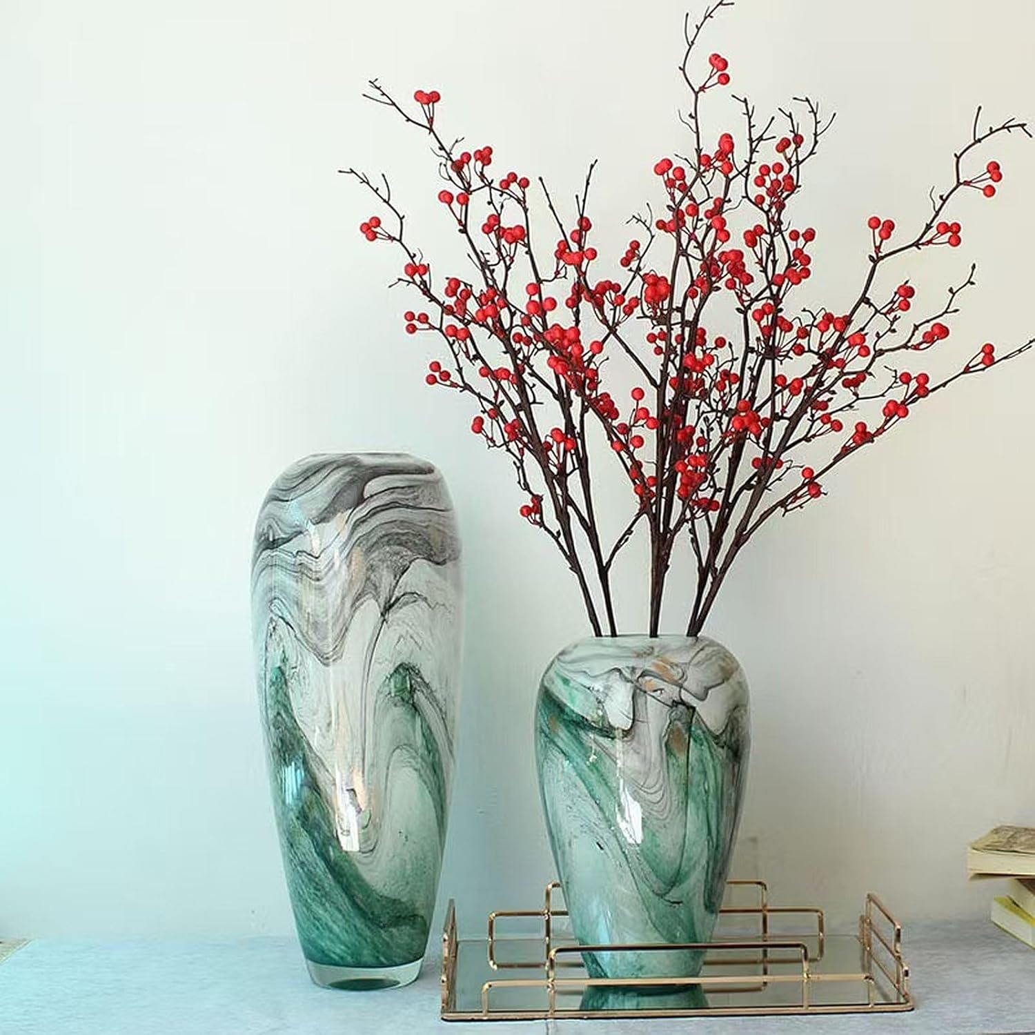 Huge Crystal Glass Vase, Ink Painting Art Vase, Light Luxury Style for Home Decor, Centerpiece, Office, Flowers and Buds (Small Green) - Image 5