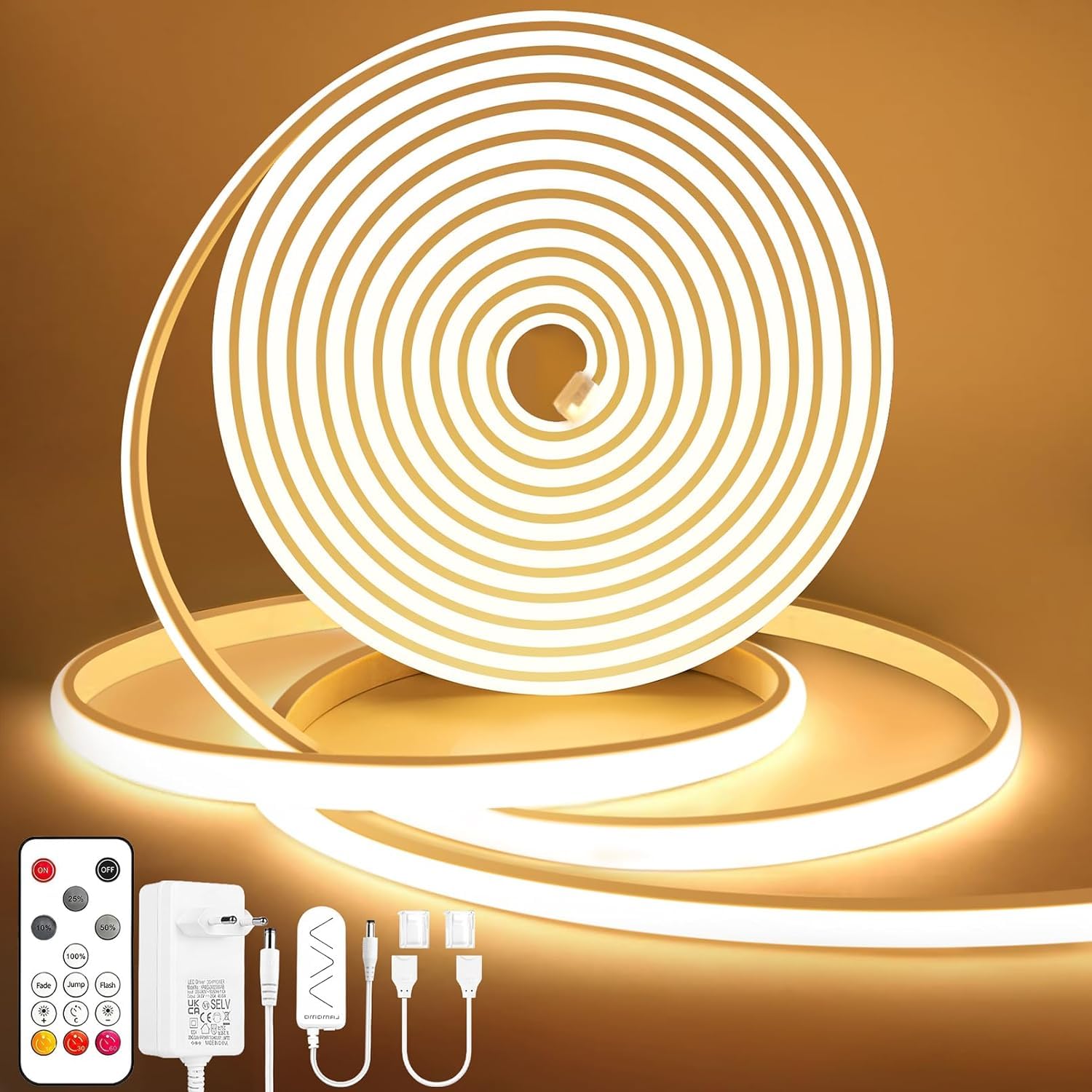 Lamomo Tira LED COB, luz blanca cálida, regulable, 10 m, resistente al agua, 3000 K, barra de luces de neón con mando a distancia, silicona flexible para dormitorio, interior, exterior, cocina