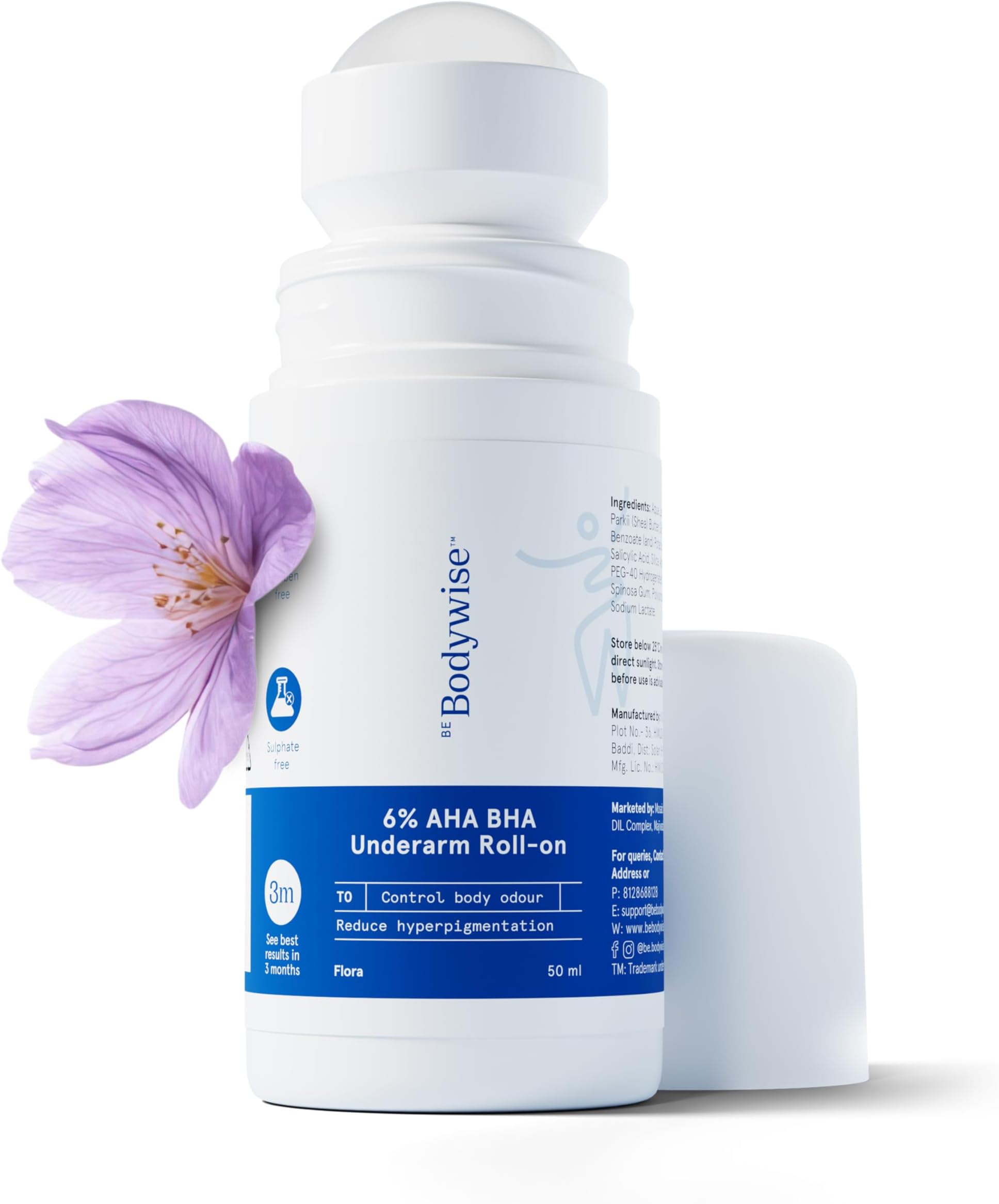 - Be Bodywise 6% AHA BHA Underarm Roll-on Deodorant for Even Tone Skin,Reduces Body Odor & Pigmentation | 1% Mandelic, 4% Lactic, 1% Salicylic & Kojic Acid, Alcohol & Aluminum Free |Flora Fragrance,50ml