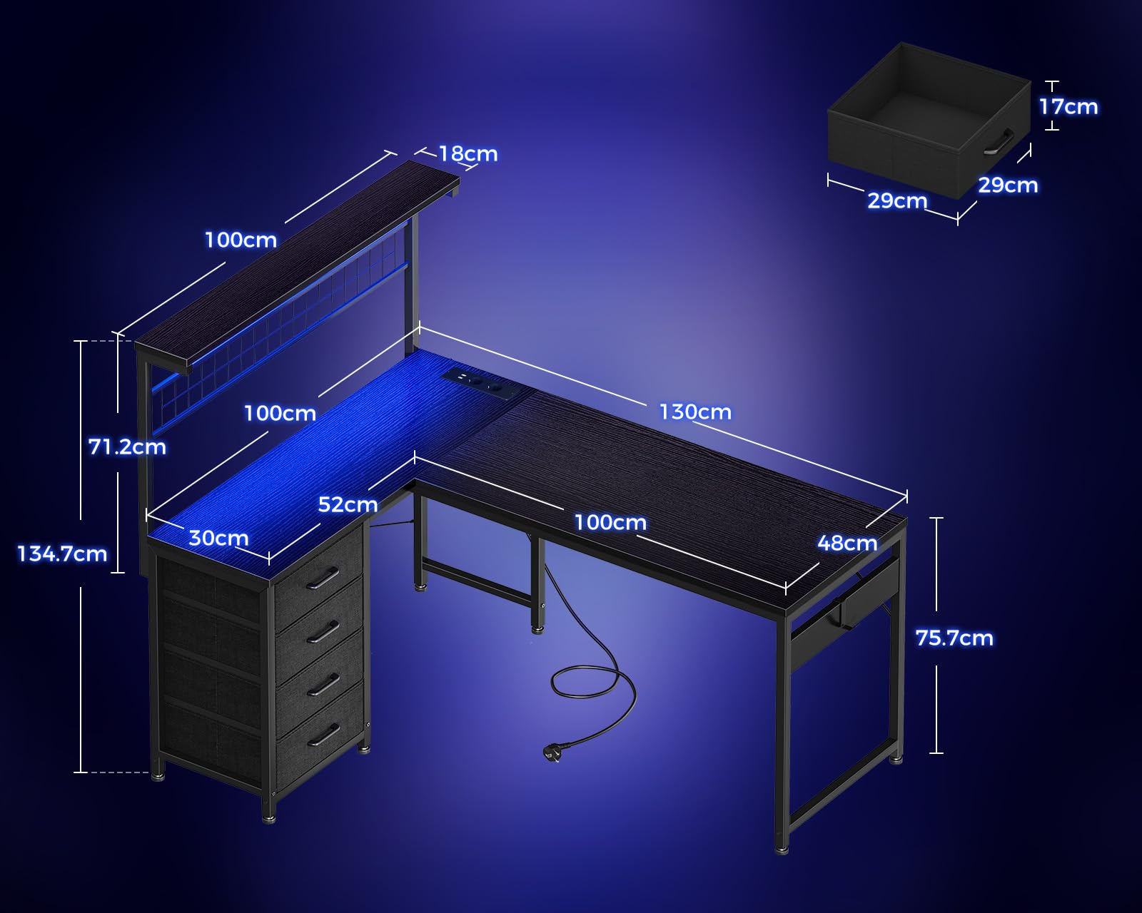 Coleshome Gaming Tisch mit LED, 130 × 100 cm Reversibler Gaming Schreibtisch mit Schubladen & Steckdosen, Eckschreibtisch mit Ablagefach & Stauraum, Schwarz