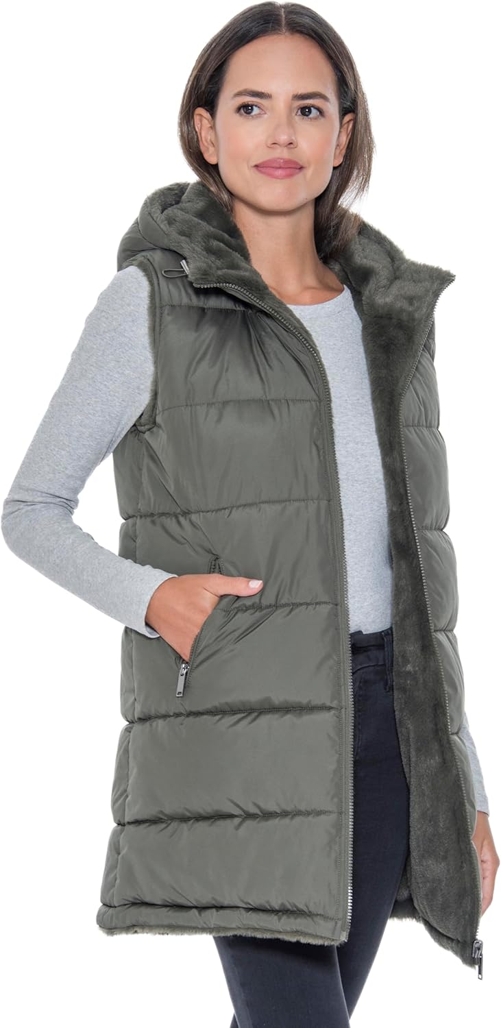 S.E.B Women's Long Reversible Puffer Vest with Hood, Puffy Sleeveless Vest Reverses to Lux Faux Fur for Winter and Fall