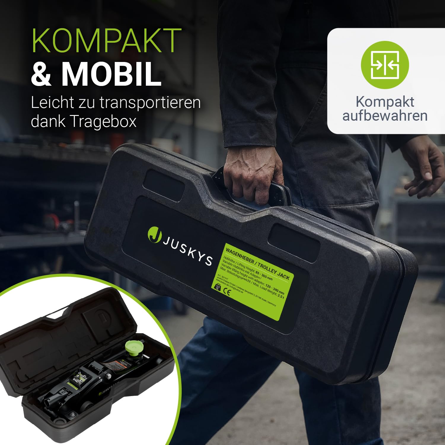 Juskys Wagenheber 2,5 t – Hydraulischer Rangierwagenheber aus Stahl 85–390 mm, mit Transportbox, Gummiauflagen & Zubehör – Schwarz/Grün