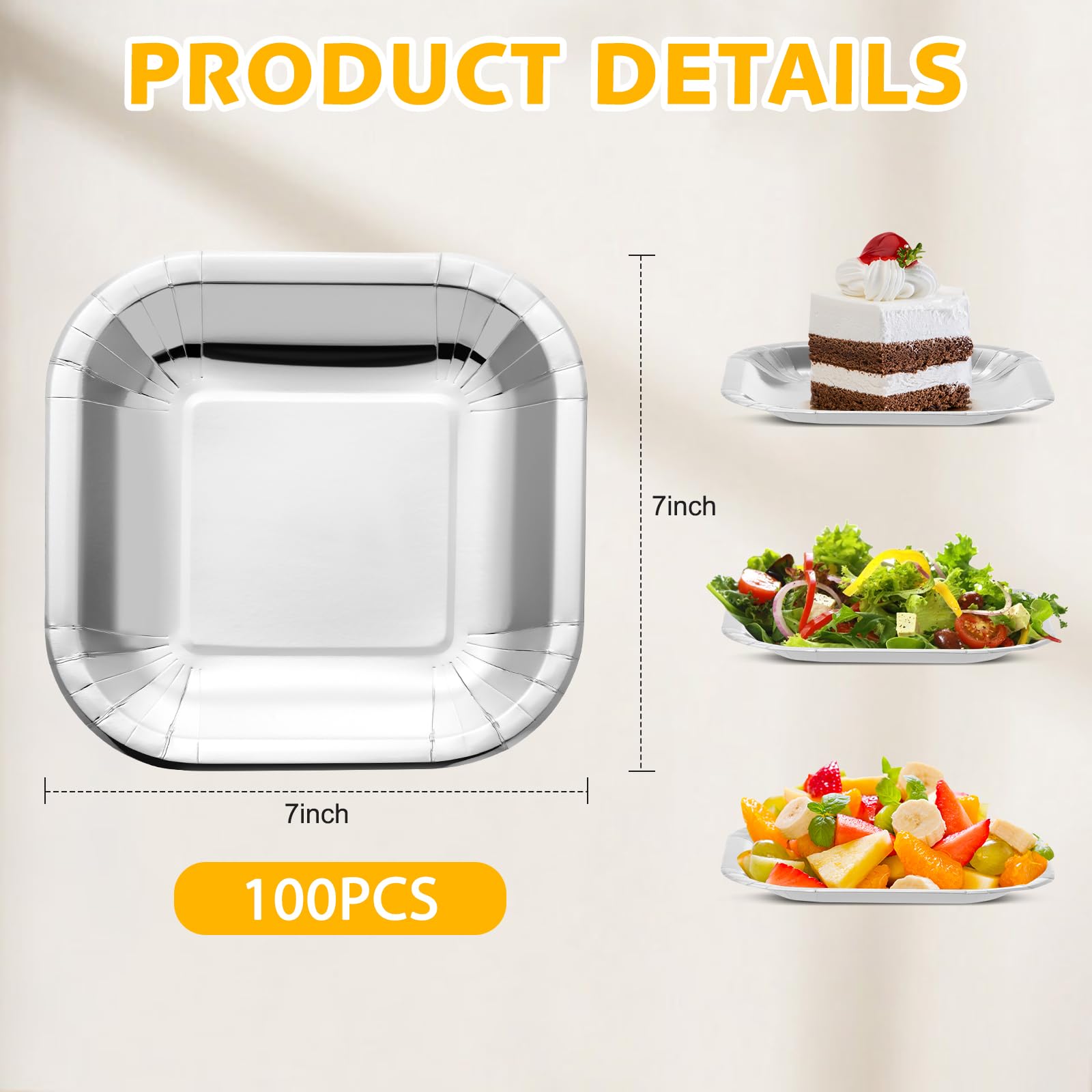 Dandat Confezione da 100 piatti quadrati di carta usa e getta da 17,8 cm, per antipasti, torte, usa e getta, in lamina metallica, per dessert, per laurea, compleanno, matrimonio, anniversario, feste