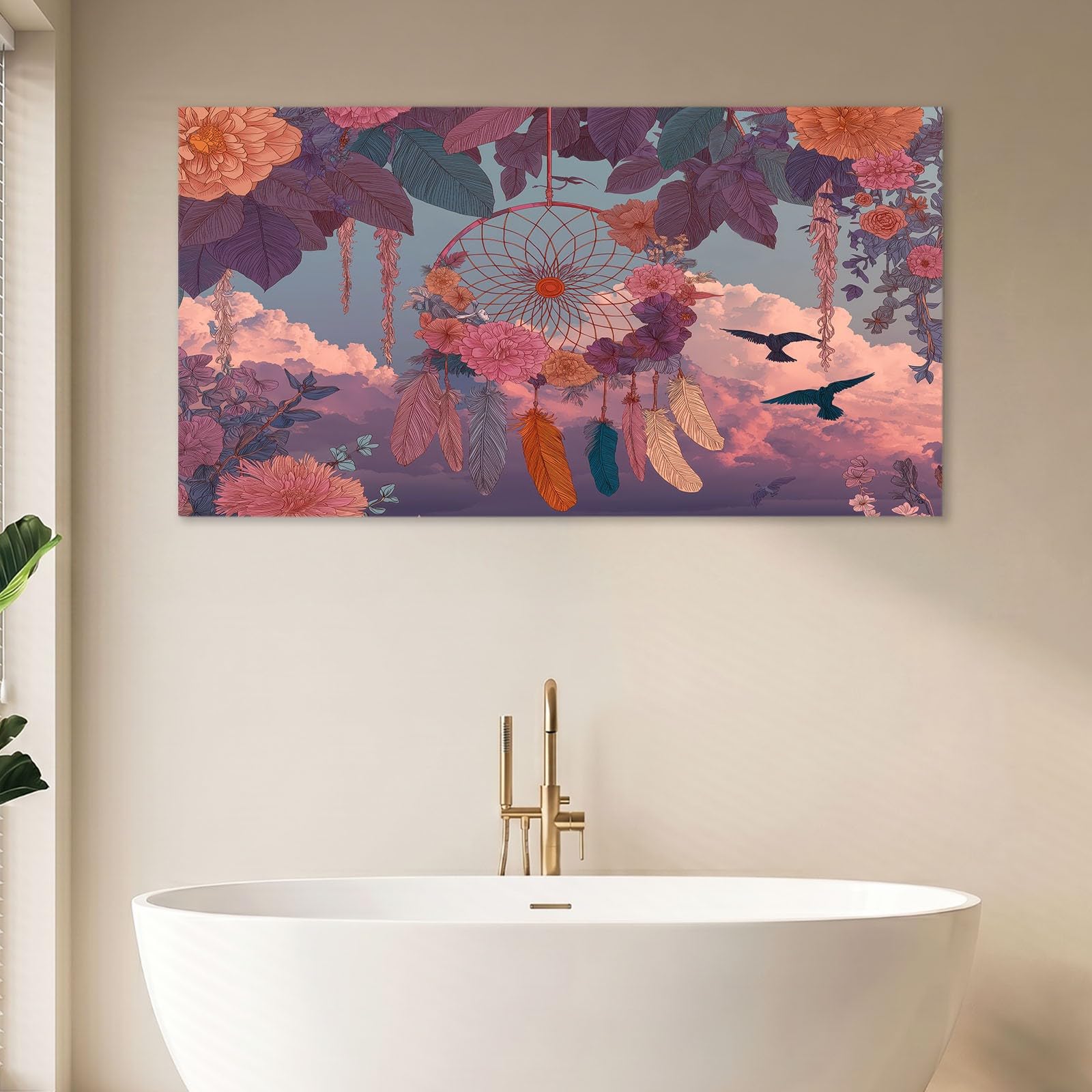 Leinwandbild Wohnzimmer Wandbilder Boho Stil 90 x 60 cm Bild auf Leinwand Kunstdruck Deko für Schlafzimmer, Flur, Büro und Küche - Traumfänger Federn Blumen Rosa