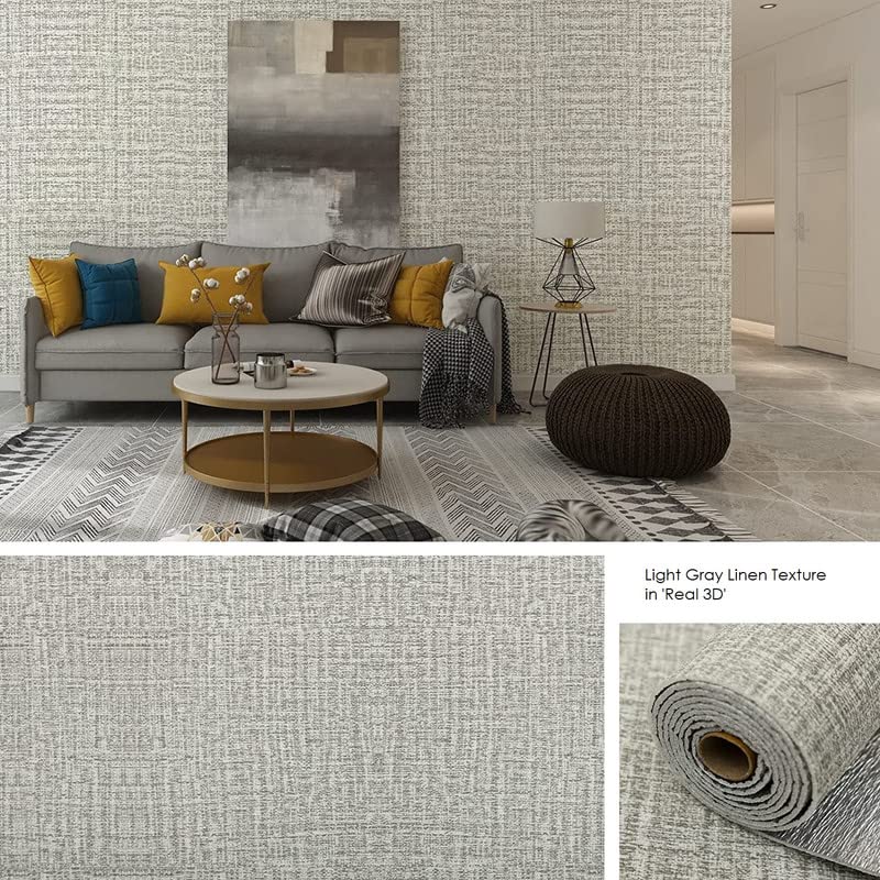 Image of Textured Linen Wallpaper for Walls Sticker Roll (10 Pcs) I 3D Foam Wallpaper for Full Wall, Furniture I Fabric, Waterproof, Large (Light Grey; 10 Pieces of 3 Meter x 0.7 Meter Each)