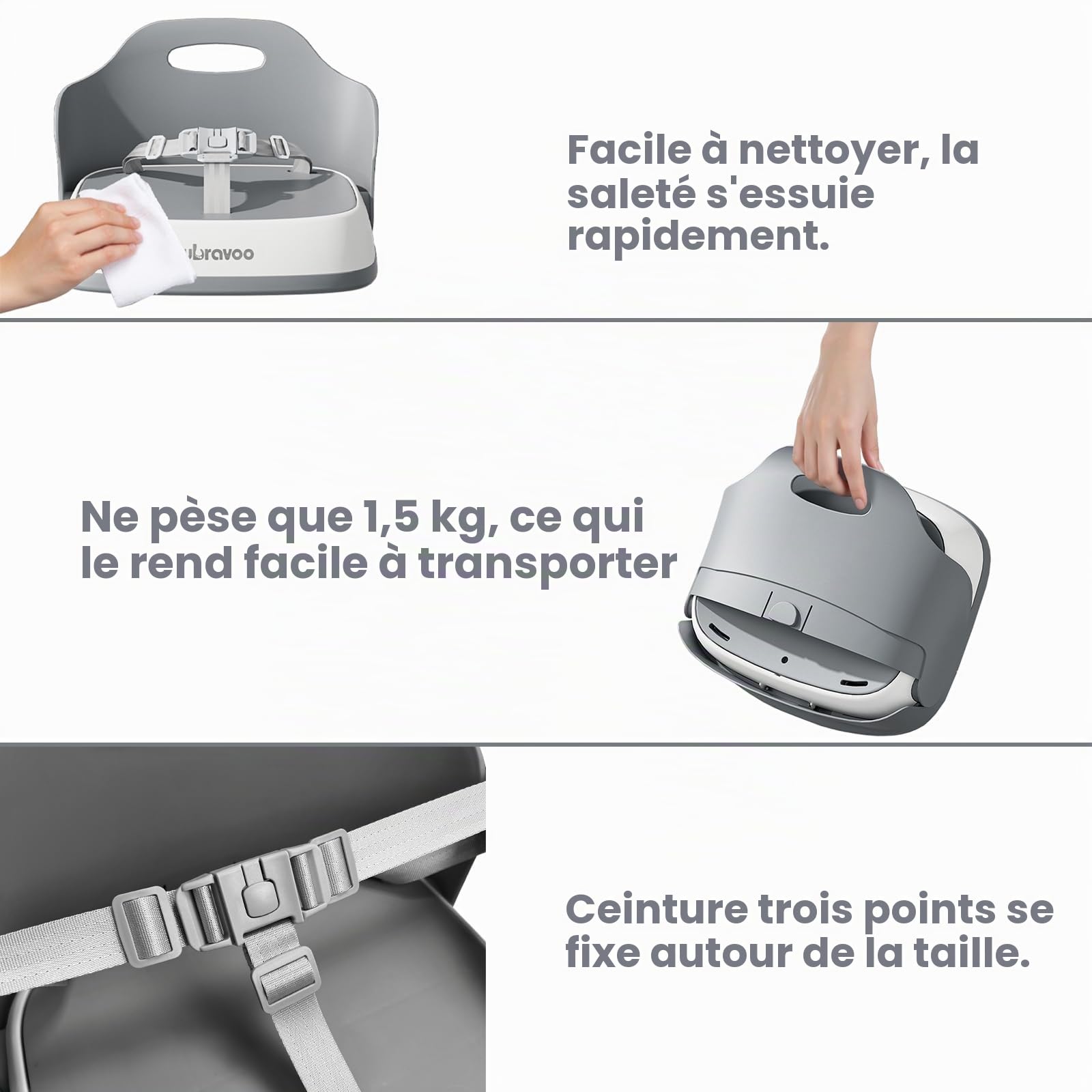 UBRAVOO Siège d'appoint Portable pour salle à manger, chaise haute de voyage avec harnais à 3 points et 2 sangles réglables, chaises lavables pour bébé de 6 mois et plus assis (Gris)