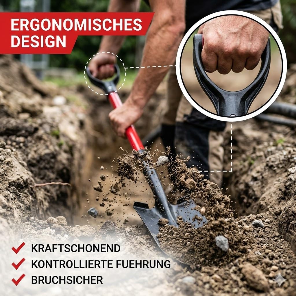 Drainagespaten 380 x 150 mm mit Fiberglasstiel & D-Griff – Stabiler 1,74 mm Stahl Grabenspaten mit Tritt – Profi Kabellöffel, Pflanzspaten, Gartenspaten – Schwarz pulverbeschichtet