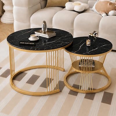 Décor Contemporary Nesting Tables Set of 2 Round Side Tables with Marble Design Wooden Top for the Living Room and Bedroom Golden Black