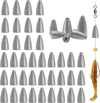 50Pcs Bullet Weights Sinkers for Bass Fishing, Worm Weights Fishing Weights Carolina Rig Weights Slip Sinker Texas Rigs Lead Weights for Saltwater Freshwater6 Sizes