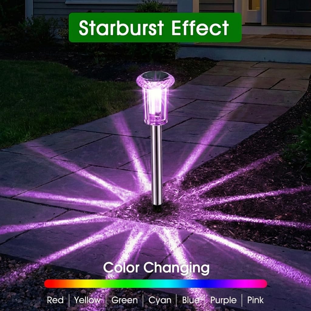 solar outdoor lights, 10 pack solar pathway lights outdoor waterproof, stainless steel stake lighting for garden yard path walkway driveway patio lawn outside decor,color changing color changing 10