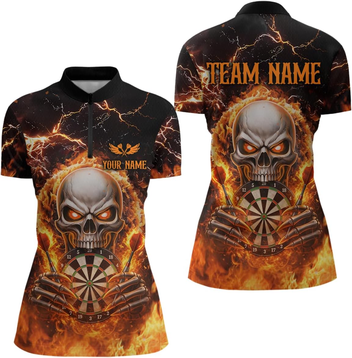 Flaming Skull Dart Shirt for Team Men Women Custom Dart Shirts Skull Dart Jersey Dartboard Shirt Polo and Quarter Zip Shirt