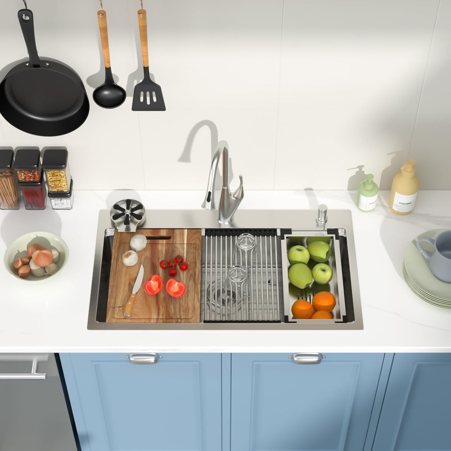 Drop in Kitchen Sink Workstation 33x19 Inch 16 Gauge Stainless Steel Handmade Topmount Kitchen Sink Single Bowl with Glass Rinser - 8 Inches Deep