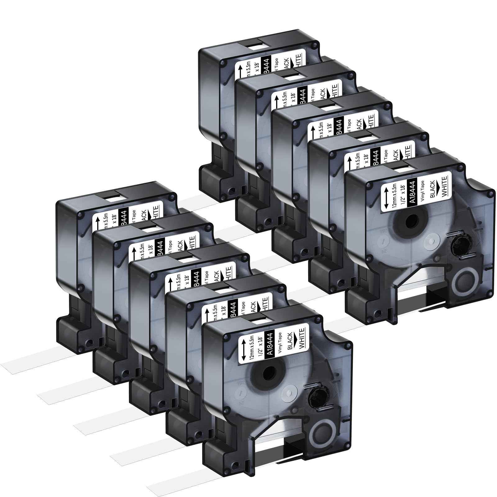 KCMYTONER 10 Pack Compatible for Dymo Rhino Pro IND Vinyl Label Tape 18444 1/2" 12mm Black on White Label for Rhino and 3M Label Maker Tape