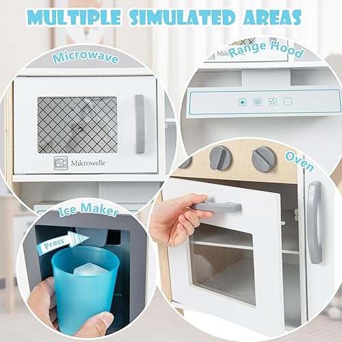 Vista 3 de Costzon Juego de Cocina para Niños, Set de Juguete de Cocina de Madera de Simulación para Niños Pequeños con Sonido, Microondas, Horno, Máquina