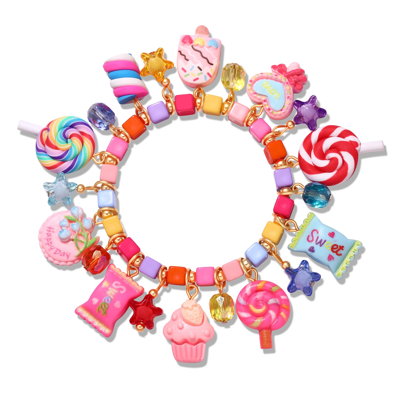 HSWE Colorful Candy Beaded Bracelets for Women Fun Novelty Sweet Candy Lollipop Marshmallow Cake Pendant Elastic Stretch Bracelet Kawaii Cute