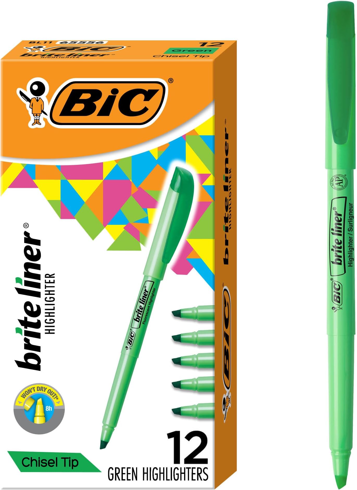 BIC Brite Liner Highlighter, Chisel Tip, Green, 12 Highlighters