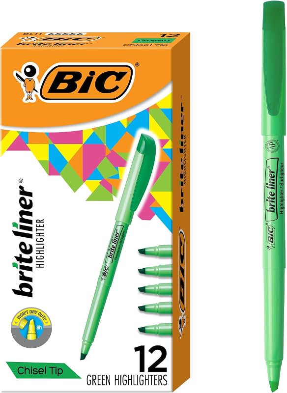 Resaltadores BIC Brite Liner, punta cincel, paquete de 12 unidades de tinta verde