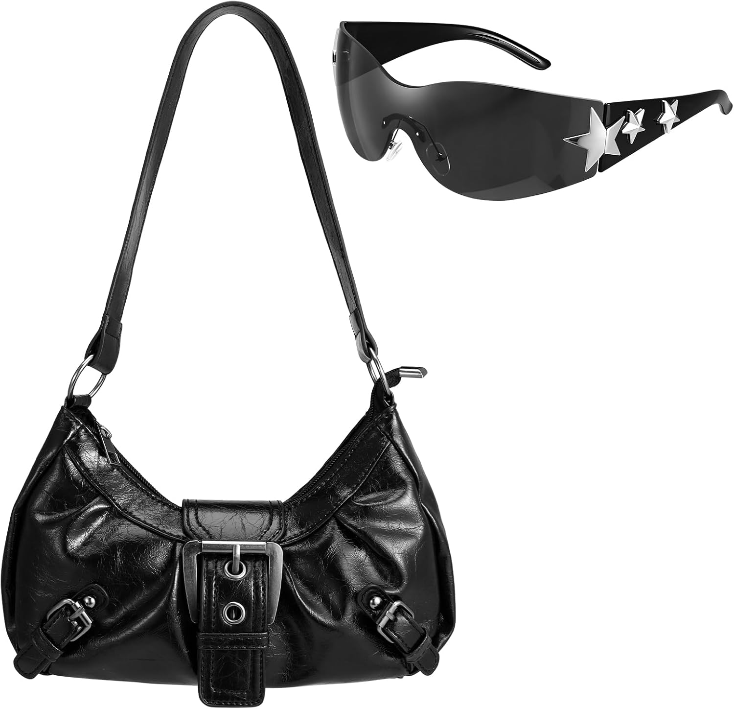 Women's Y2k Purse Vintage Buckle Hobo Shoulder Bag Punk PU Leather Handbag Clutch Purse Y2K Accessories Set