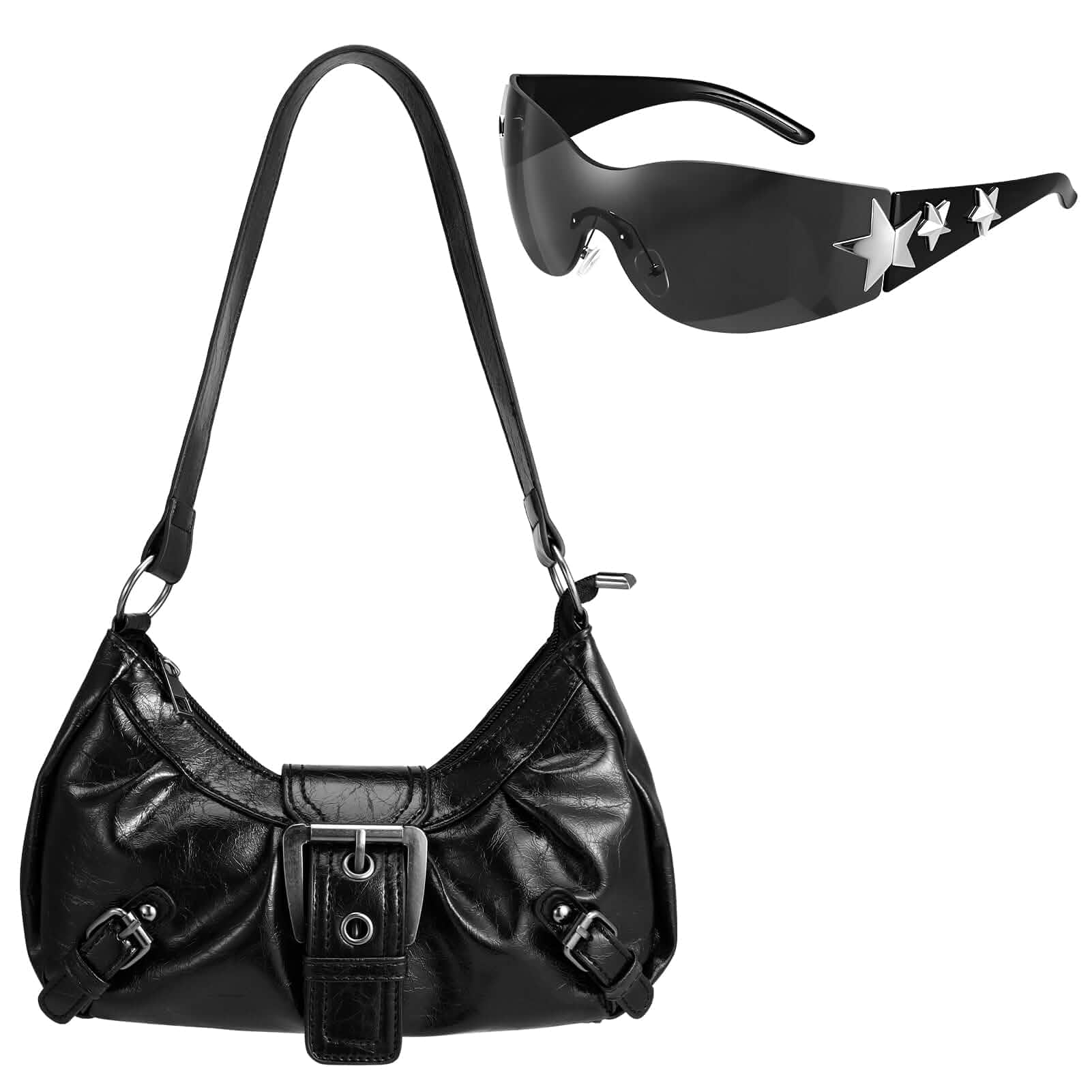 Women's Y2k Purse Vintage Buckle Hobo Shoulder Bag | Punk PU Leather Handbag Clutch Purse Y2K Accessories Set