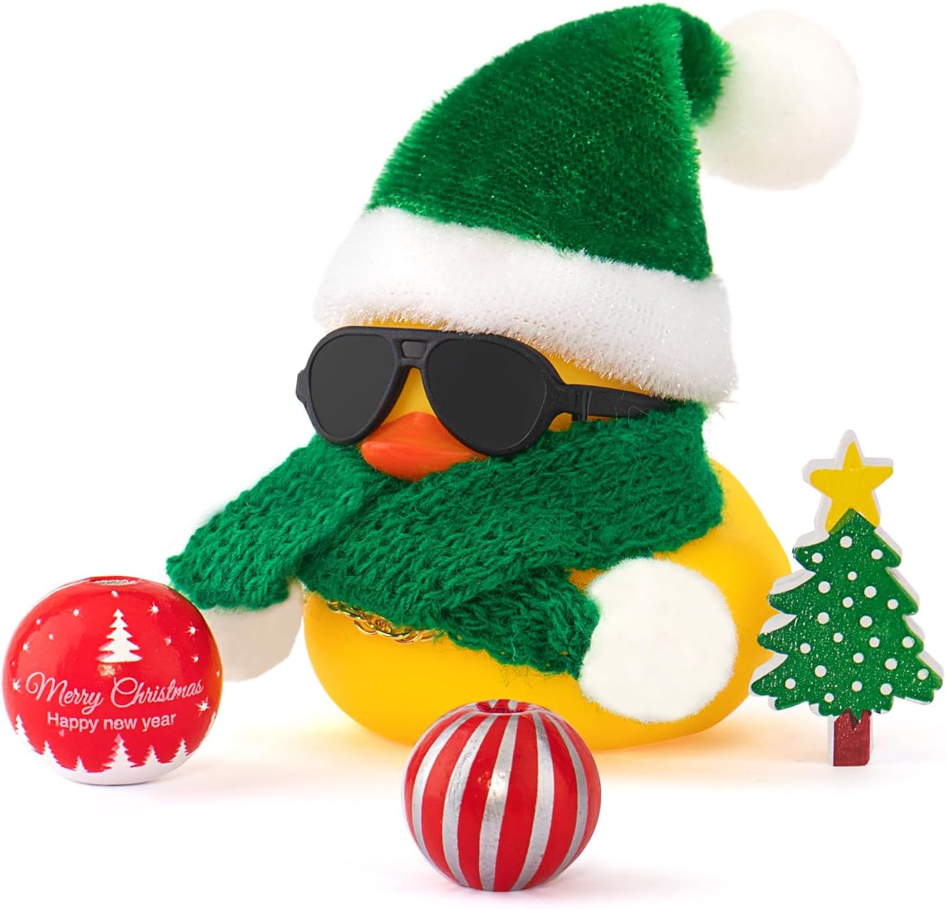 wonuu Christmas Rubber Duck Car Ornaments Car Decorations Christmas Accessories Santa Hat Scarf and Necklace, Red-Red&White Scarf