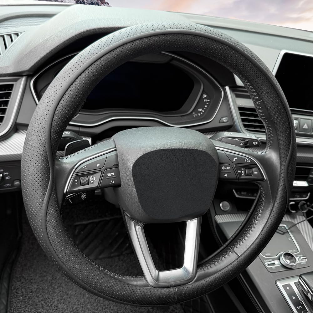 HAOTULE Coprivolante in pelle, con design a strisce antiscivolo, presa migliorata, stile alla moda, sicuro, antiscivolo, traspirante, per interni dell'auto (nero)