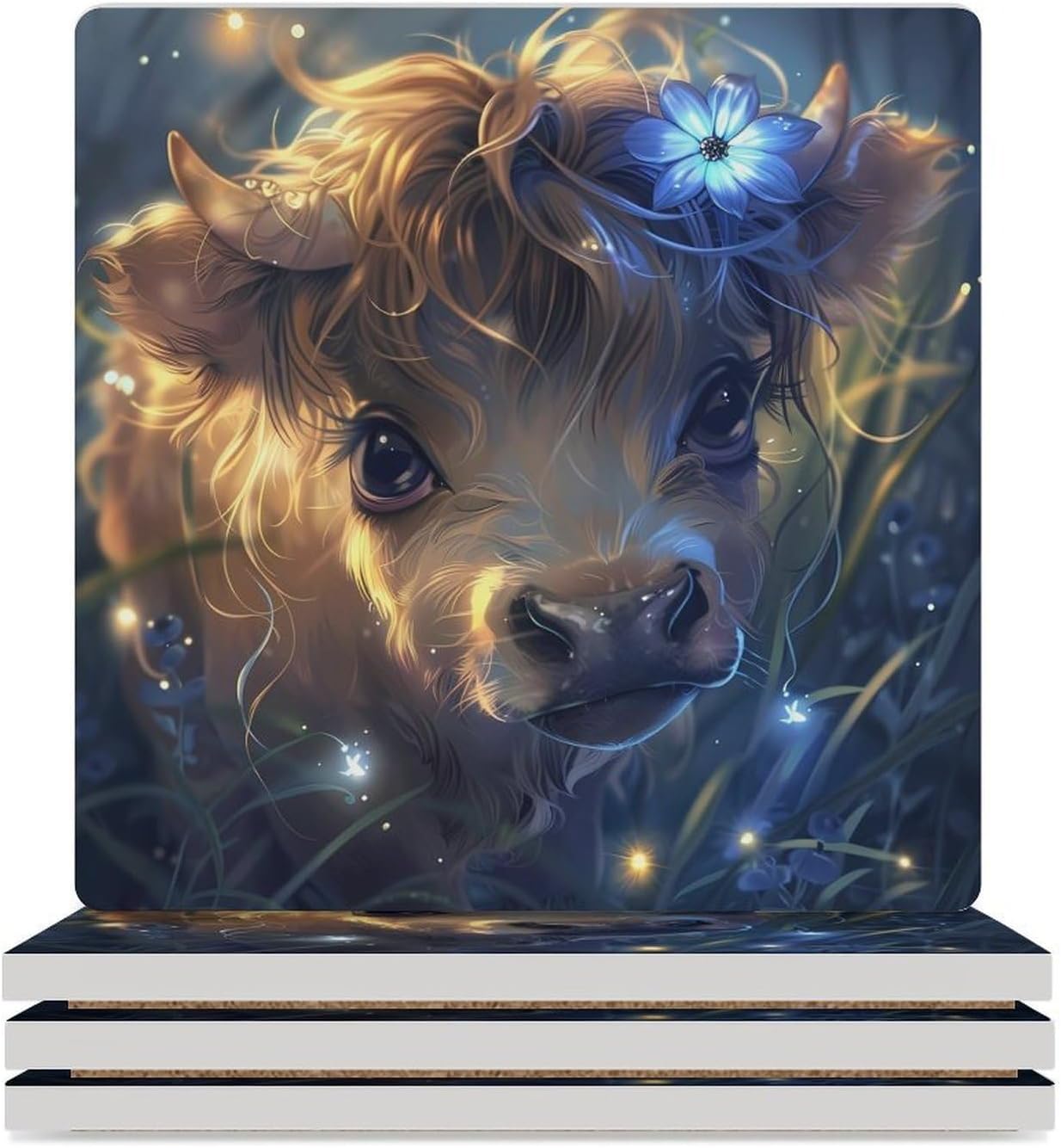 Yak Highland Cow Coaster for Drinks Square Ceramic Table Coasters Stone Mat Crafts 4PCS Home Kitchen Decor