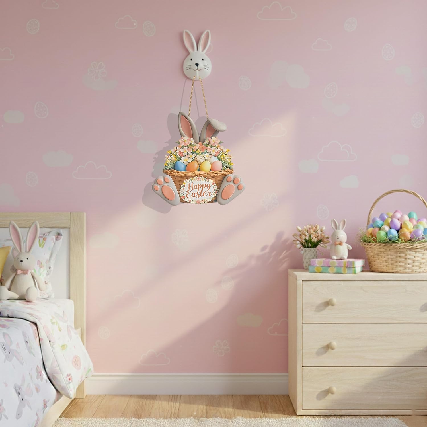 Easter Door Decorations,Easter Door Decorations, Easter Wreath, Spring Decorations Bunny Welcome Wood Sign Door Hanger Wall Hanging Plaque Eggs Sign Decorations(Bunny Ear Grey)