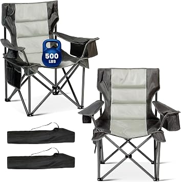 Oversized Folding Camping Chairs 2 Pack, 500lbs Heavy Duty Foldable Chairs for Outside, Outdoor Lawn Chairs for Adults, Portable Chairs for The Beach, Hiking, Fishing Gray