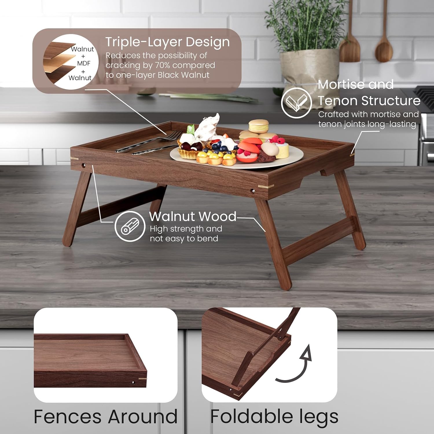 Fibogollo Walnut Wood Breakfast Tray, Folding Bed Tray Table